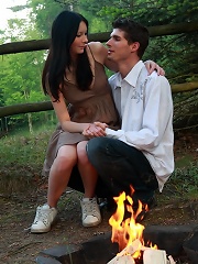 The sun is starting to go down on the forest outside of Dorf, but this teen`s cock is starting to go up as he fools around with this barely legal nymp